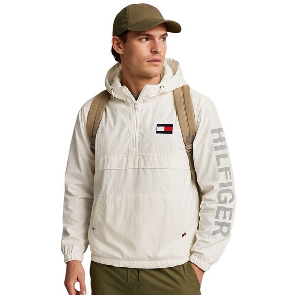 Tommy Hilfiger Windbreaker L White Spellout Hooded Half Zip Jacket Nylon - Picture 13 of 13